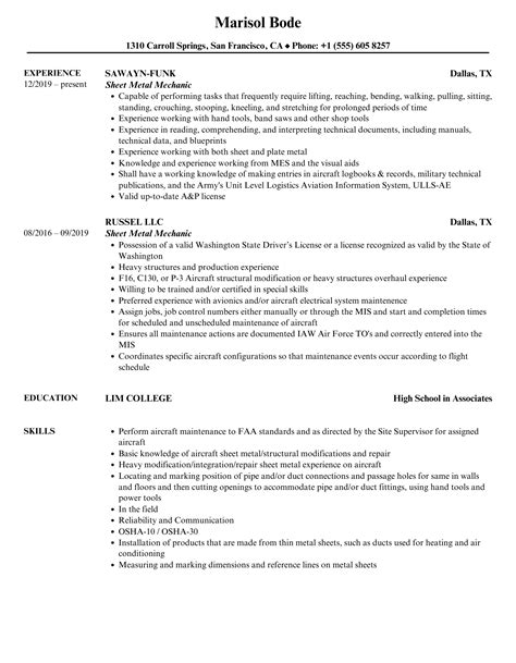 sheet metal resume examples|sheet metal mechanic resume sample.